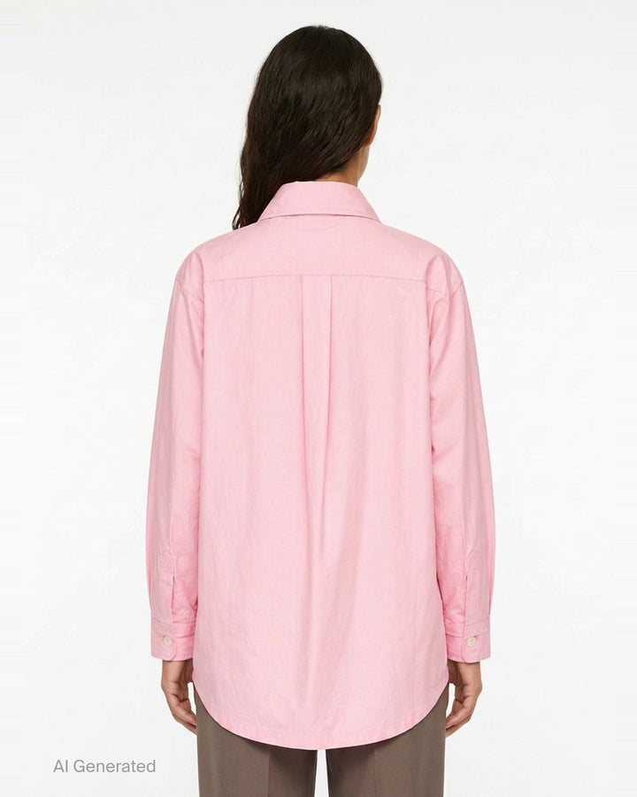 Lee Mathews Nina Long Sleeve Shirt in blush pink, featuring a cascading ruffle jabot along the button placket, point collar, mother-of-pearl buttons, and double-button cuffs - back
