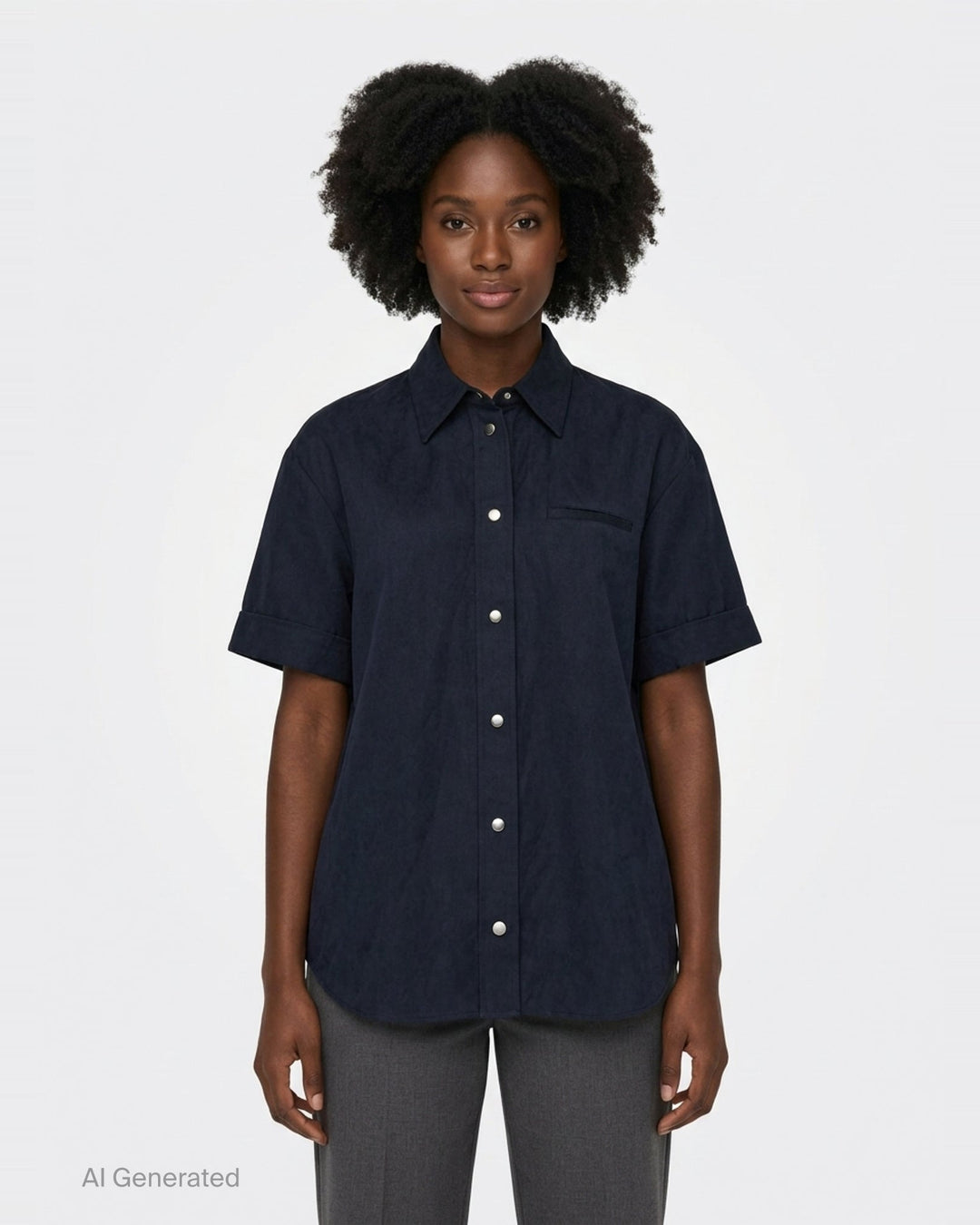 Lee Mathews Powell Short Sleeve Shirt in navy, featuring press-stud closure, turned-back cuffs, pointed collar, and a tonal chest pocket - front