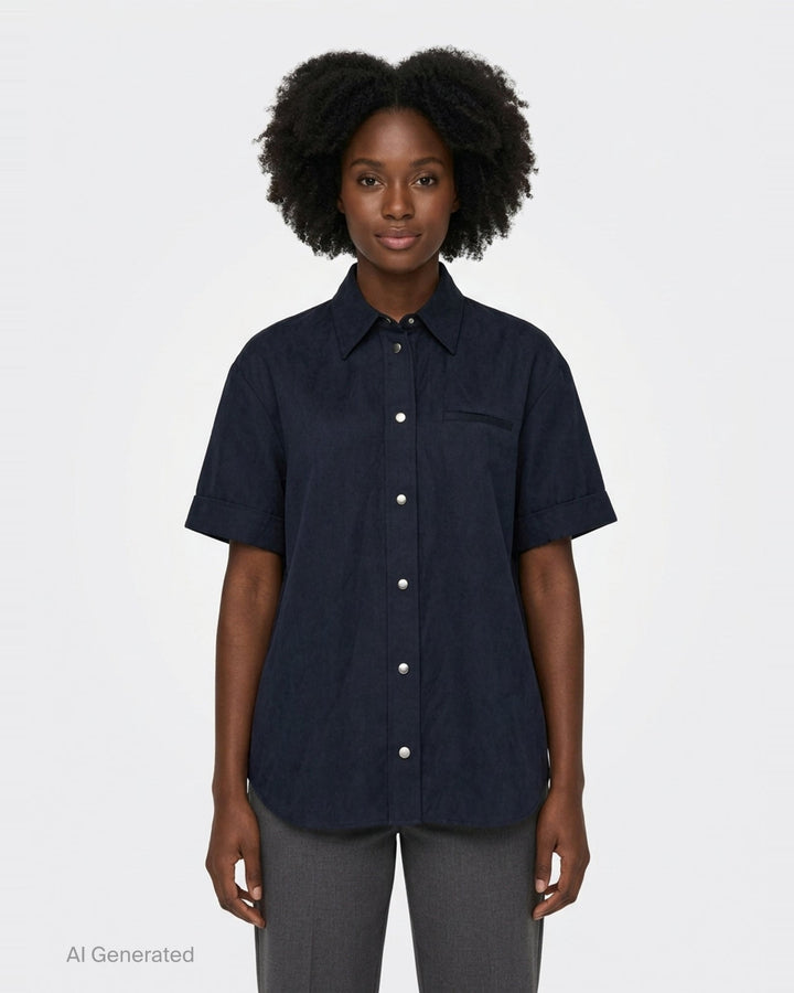 Lee Mathews Powell Short Sleeve Shirt in navy, featuring press-stud closure, turned-back cuffs, pointed collar, and a tonal chest pocket - front