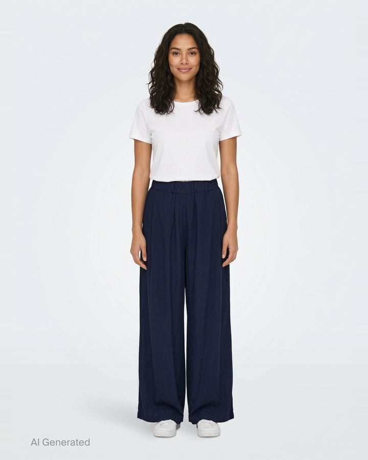 Lee Mathews Powell Wide Leg Pants in navy — high-waisted, elasticated waistband with front pleat detailing and a sweeping wide-leg silhouette - front
