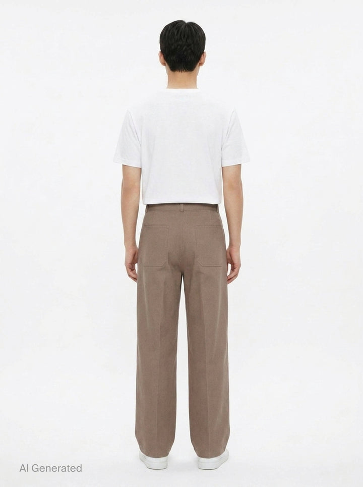 Lemaire Barrel Poly Cotton Pants in warm taupe, featuring a wide-leg silhouette, front pintuck seams, and a high-rise snap-button waistband - back