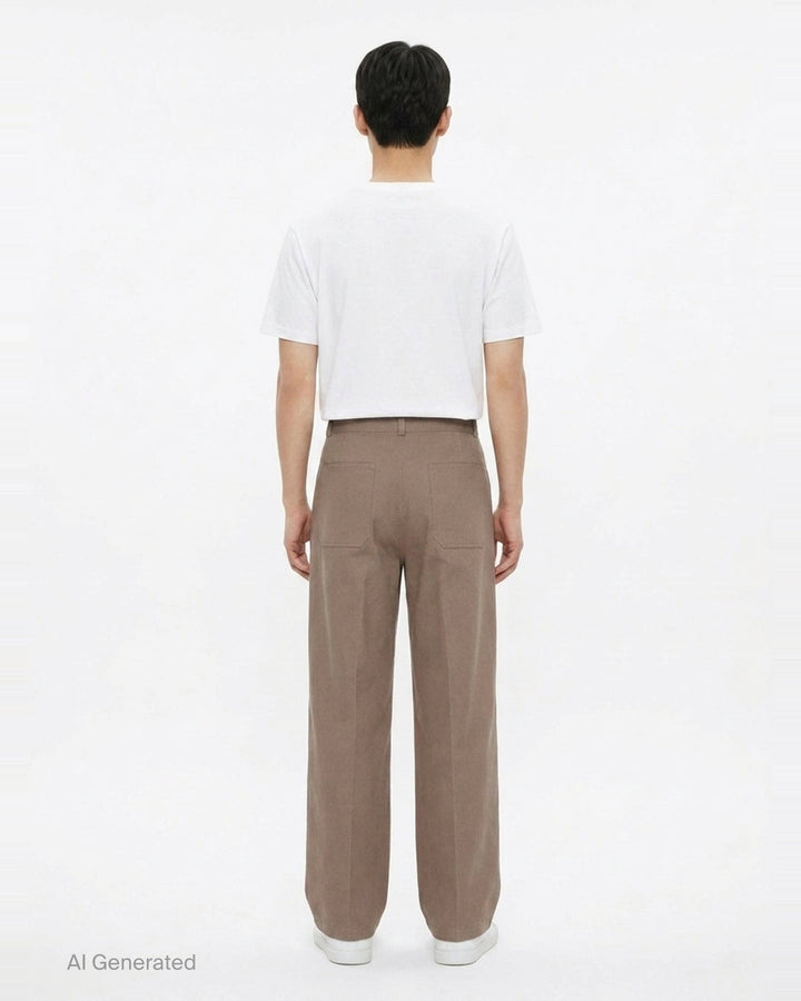 Lemaire Barrel Poly Cotton Pants in warm taupe, featuring a wide-leg silhouette, front pintuck seams, and a high-rise snap-button waistband - back