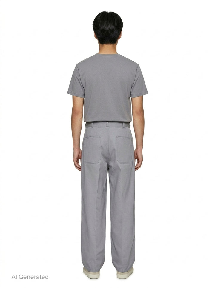 Lemaire Barrel Poly Cotton Pants in warm taupe, featuring a wide-leg silhouette, front pintuck seams, and a high-rise snap-button waistband - back