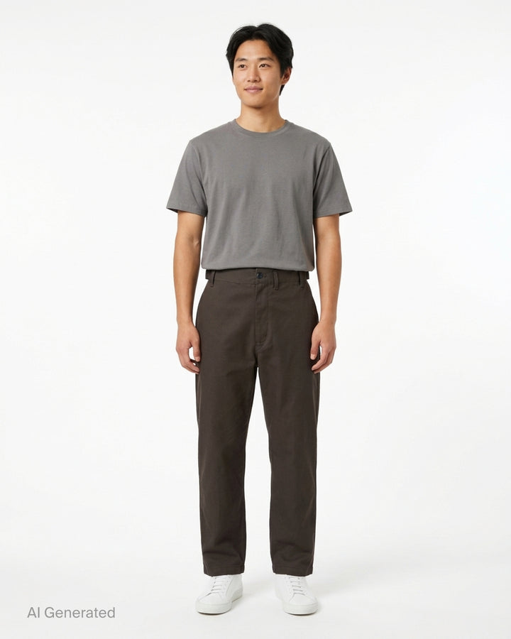 Lemaire tapered pants in heavy cotton with adjustable side waist tabs and button fly, shown from the front - front