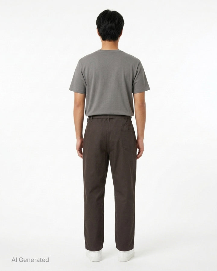 Lemaire tapered pants in heavy cotton with adjustable side waist tabs and button fly, shown from the front - back