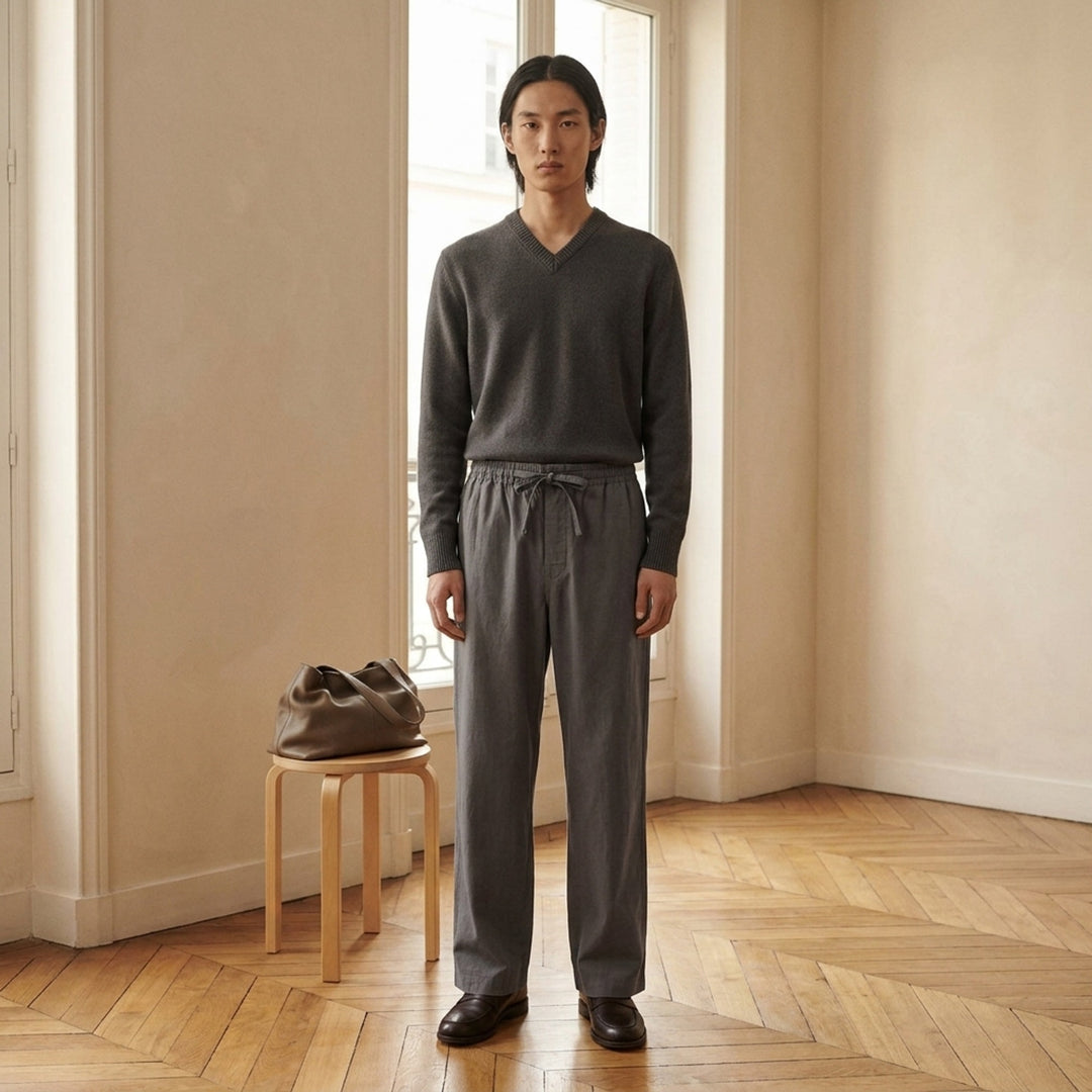 Lemaire Light Cotton Pyjama Pants in slate grey, featuring a wide-leg silhouette, elasticated waistband, and tonal drawstring tie with single button fastening - lifestyle