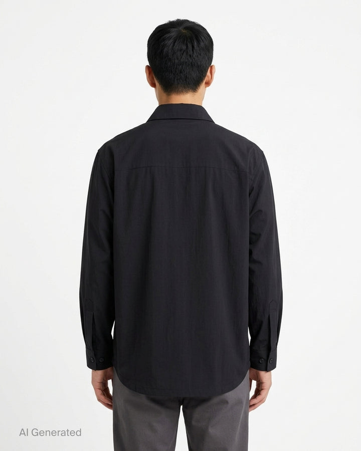 Lemaire black wool gabardine overshirt with pointed collar, snap-button front and chest patch pocket - back
