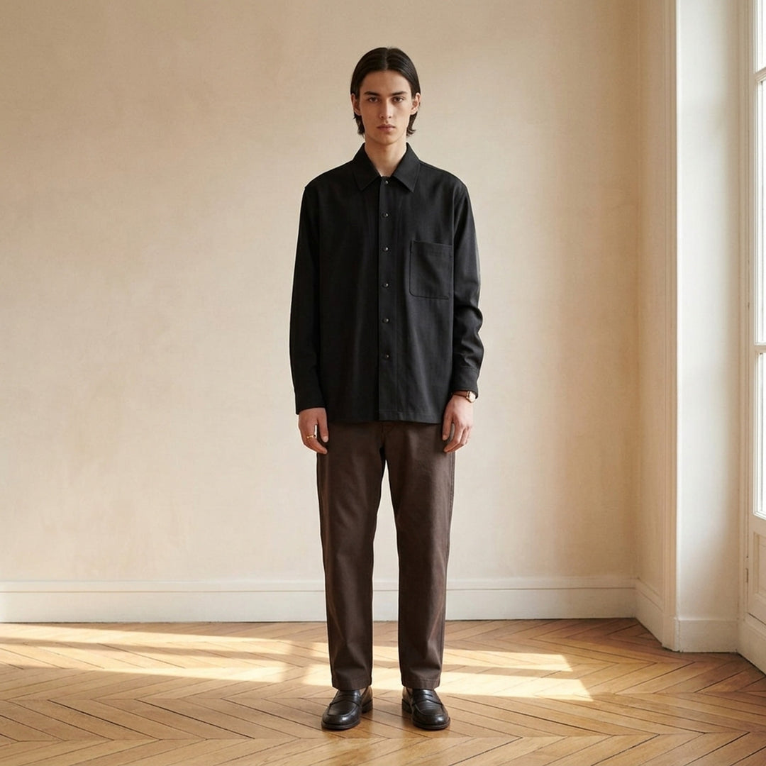 Lemaire black wool gabardine overshirt with pointed collar, snap-button front and chest patch pocket - lifestyle