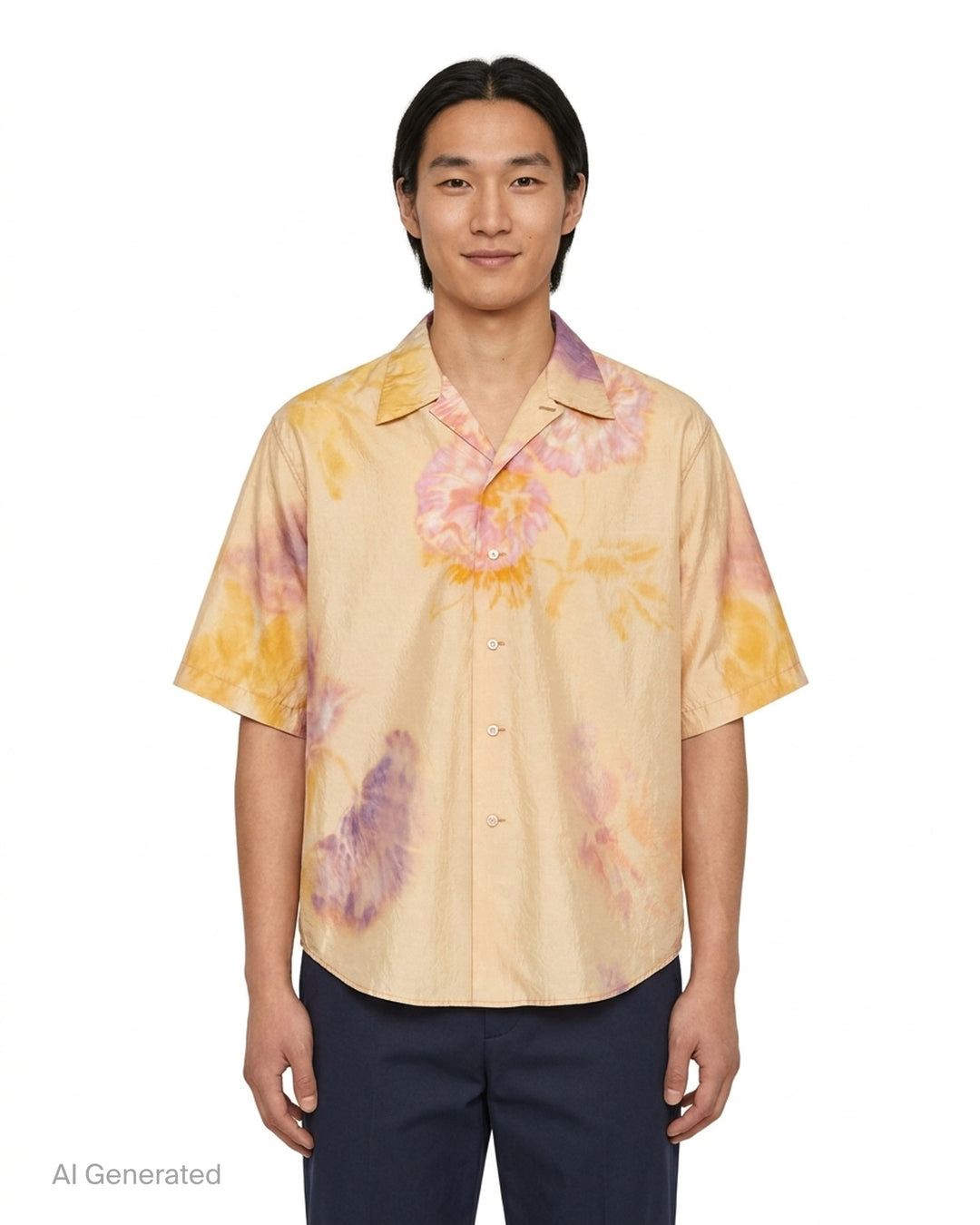 Lemaire short sleeve summer shirt in silk with a blurred watercolour floral print in yellow, pink and violet, shown with an open camp collar and button front - front