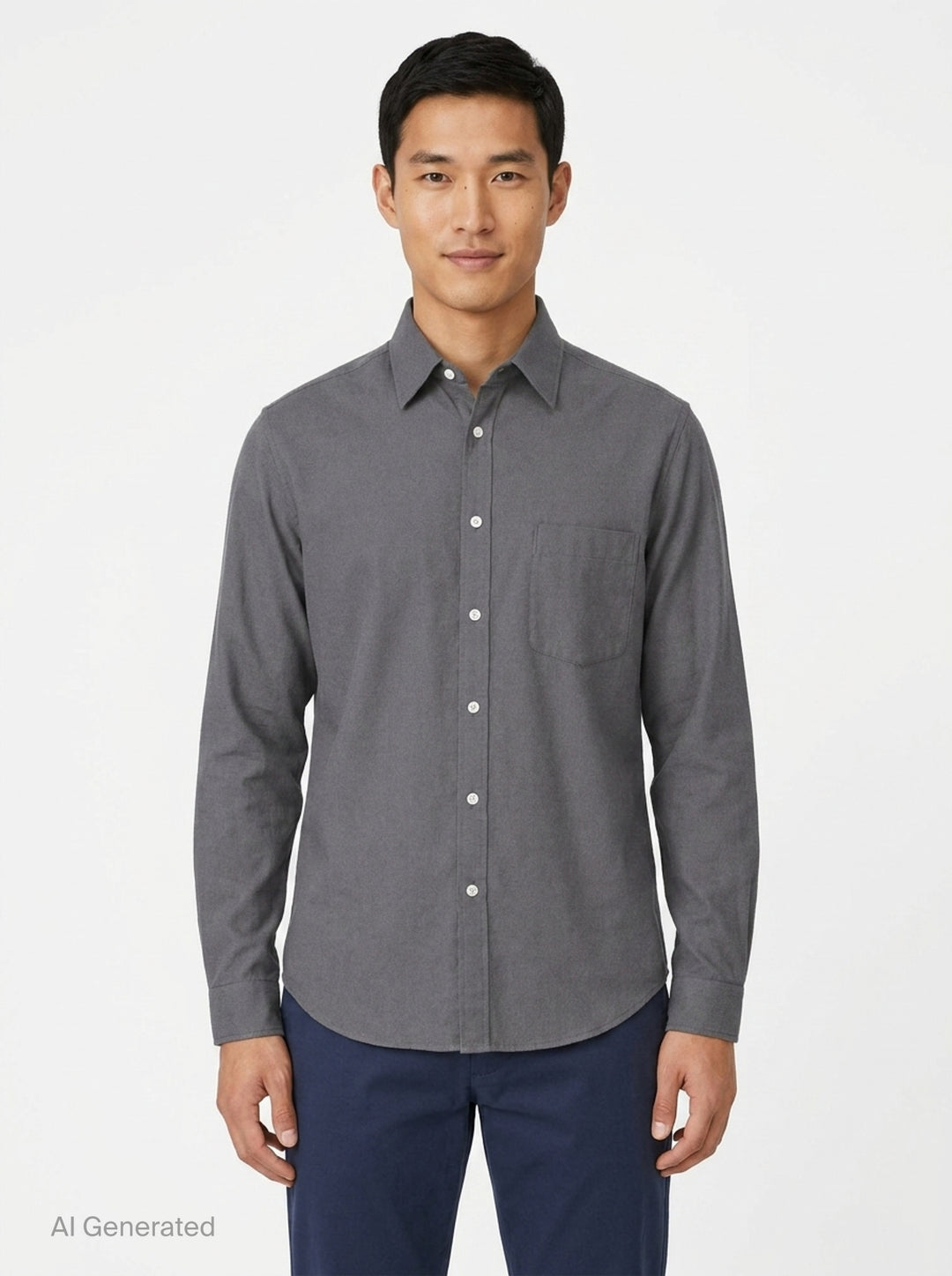Lemaire Regular Long Sleeve Washed Cotton Shirt in slate grey, displayed flat against a white background, featuring a classic collar, white buttons, and a chest patch pocket - front