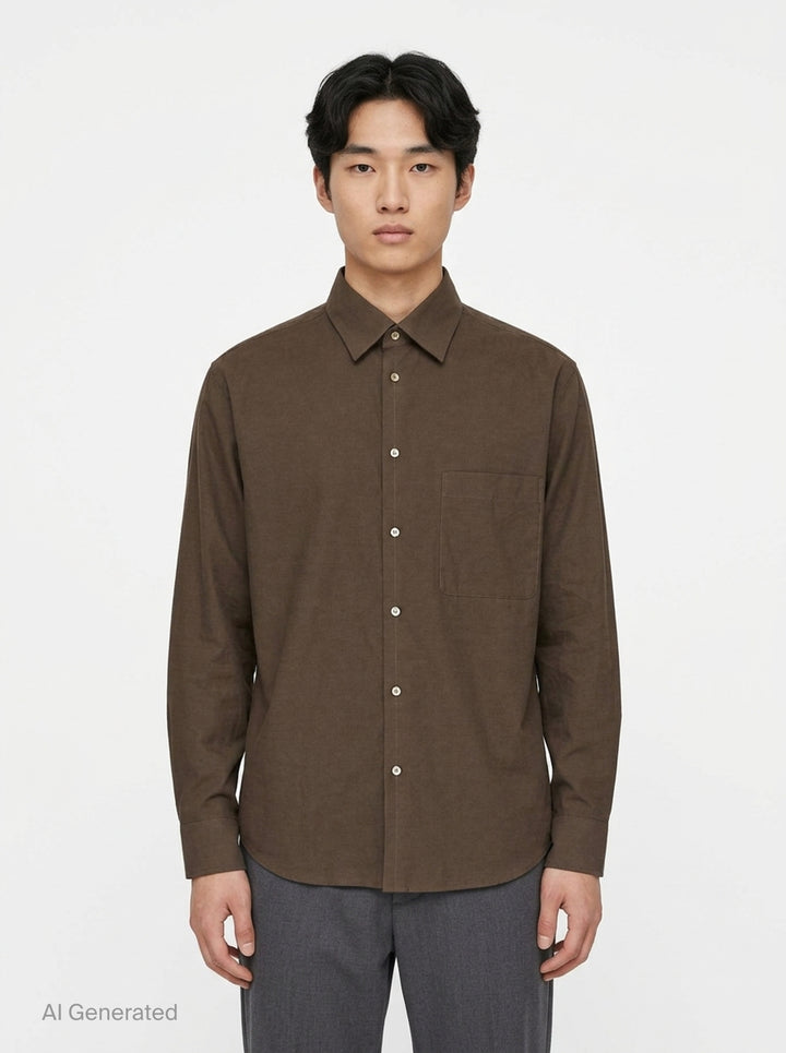 Lemaire Regular Long Sleeve Washed Cotton Shirt in slate grey, displayed flat against a white background, featuring a classic collar, white buttons, and a chest patch pocket - front