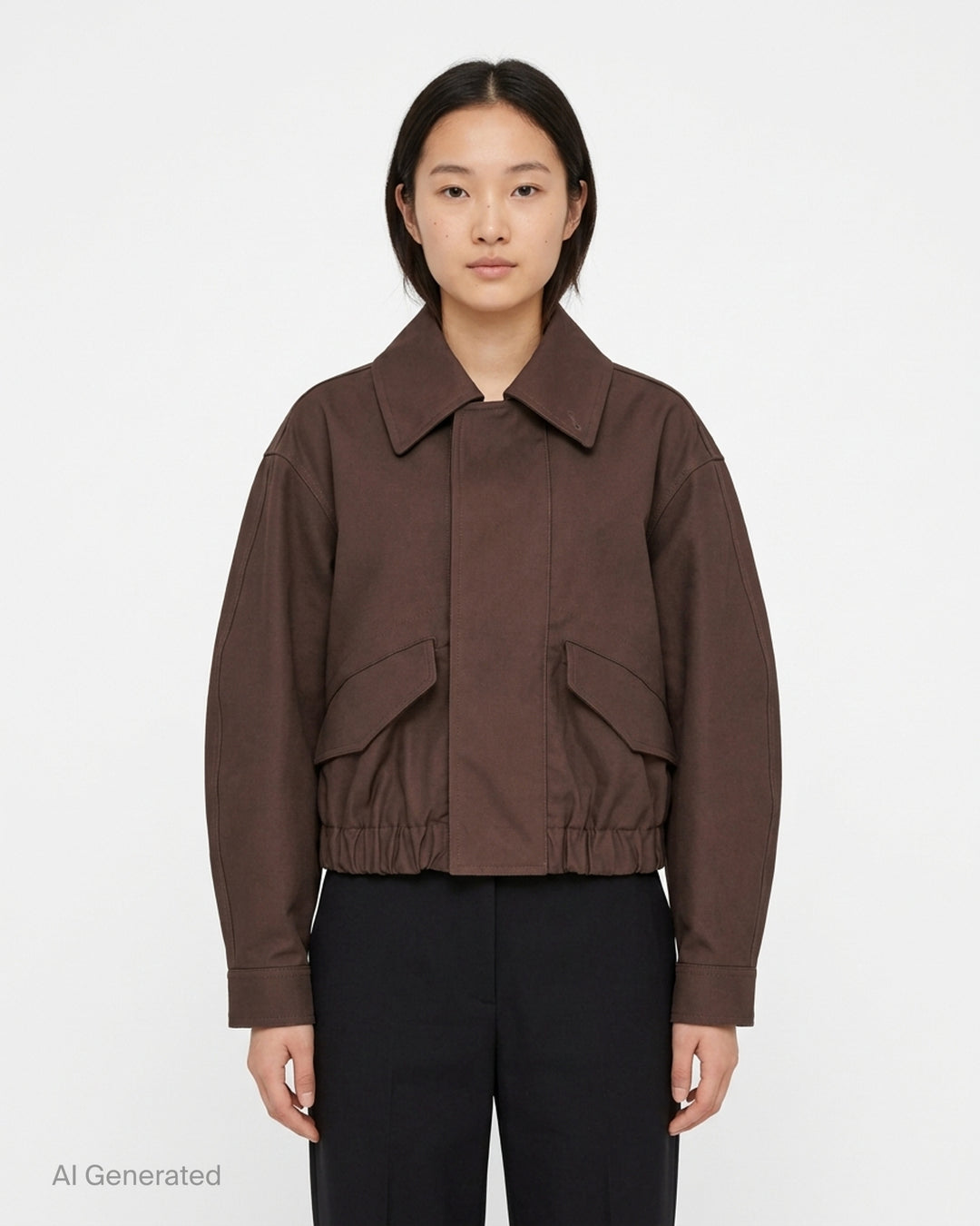 Lemaire short blouson in brown heavy cotton with pointed collar, flap pockets and elasticated hem - front