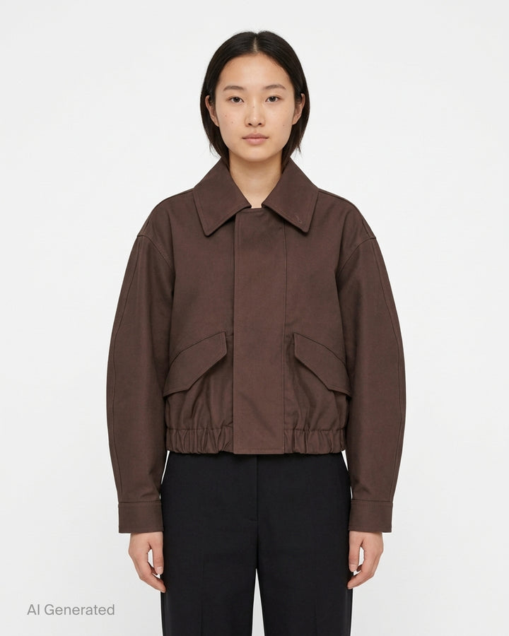 Lemaire short blouson in brown heavy cotton with pointed collar, flap pockets and elasticated hem - front