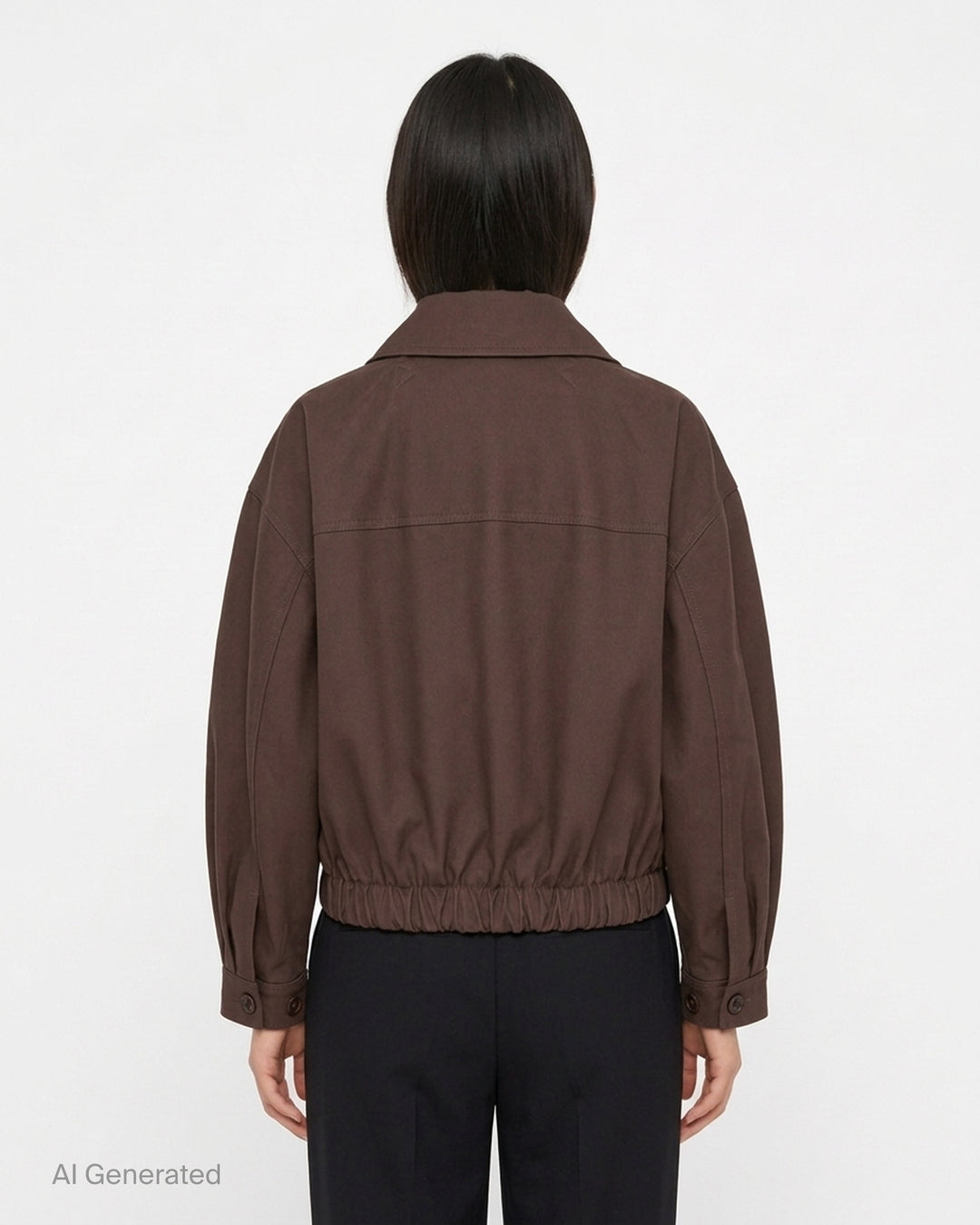 Lemaire short blouson in brown heavy cotton with pointed collar, flap pockets and elasticated hem - back