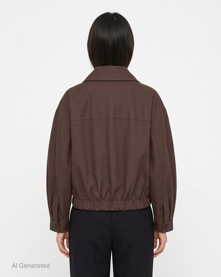 Lemaire short blouson in brown heavy cotton with pointed collar, flap pockets and elasticated hem - back