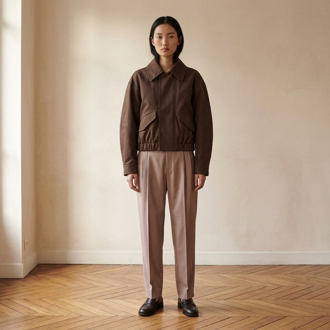 Lemaire short blouson in brown heavy cotton with pointed collar, flap pockets and elasticated hem - lifestyle