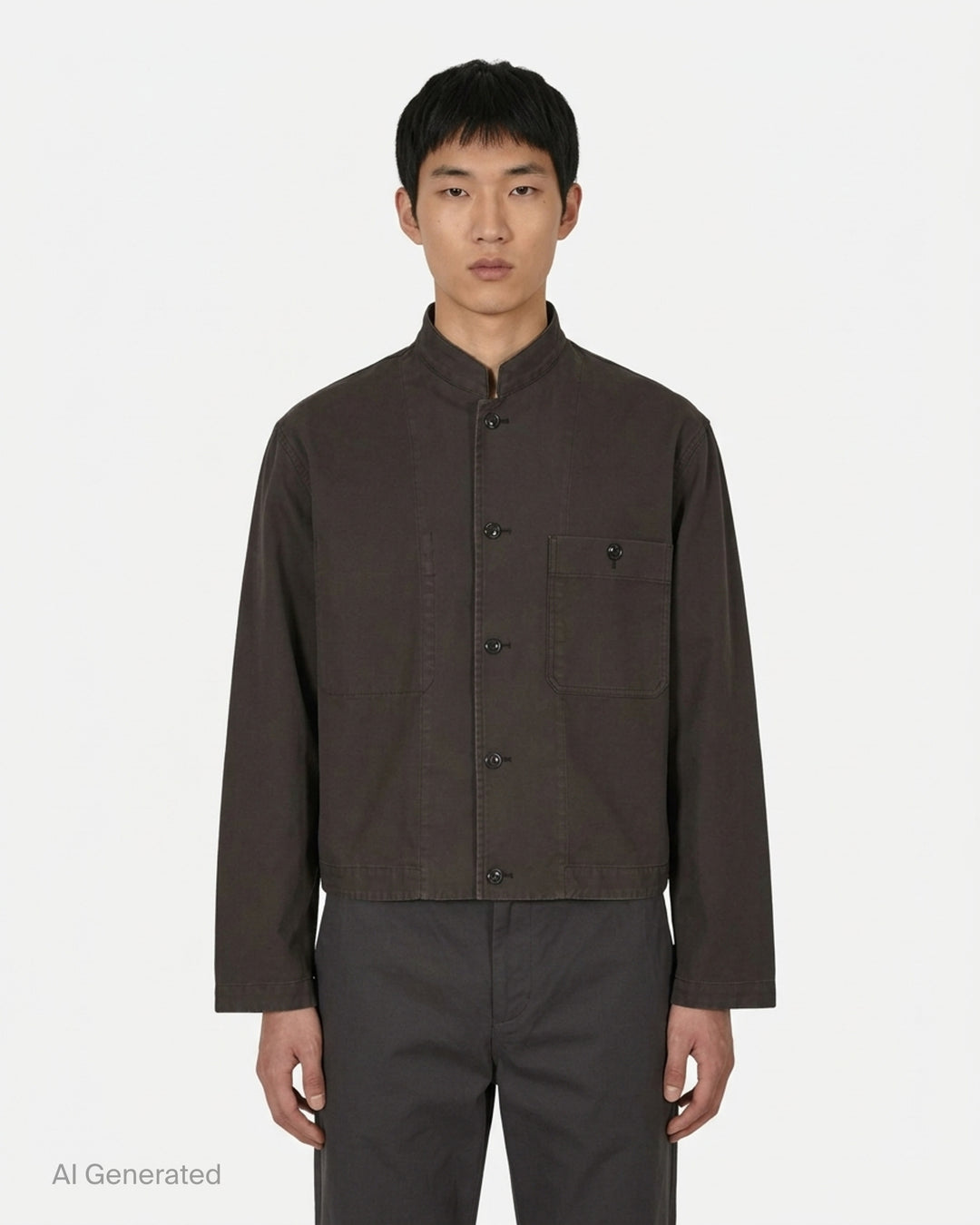 Lemaire cropped stand collar jacket in heavy dark cotton with button-through front and patch pockets - front