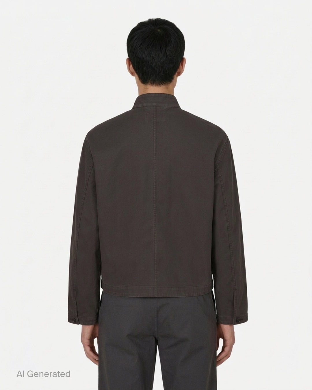 Lemaire cropped stand collar jacket in heavy dark cotton with button-through front and patch pockets - back