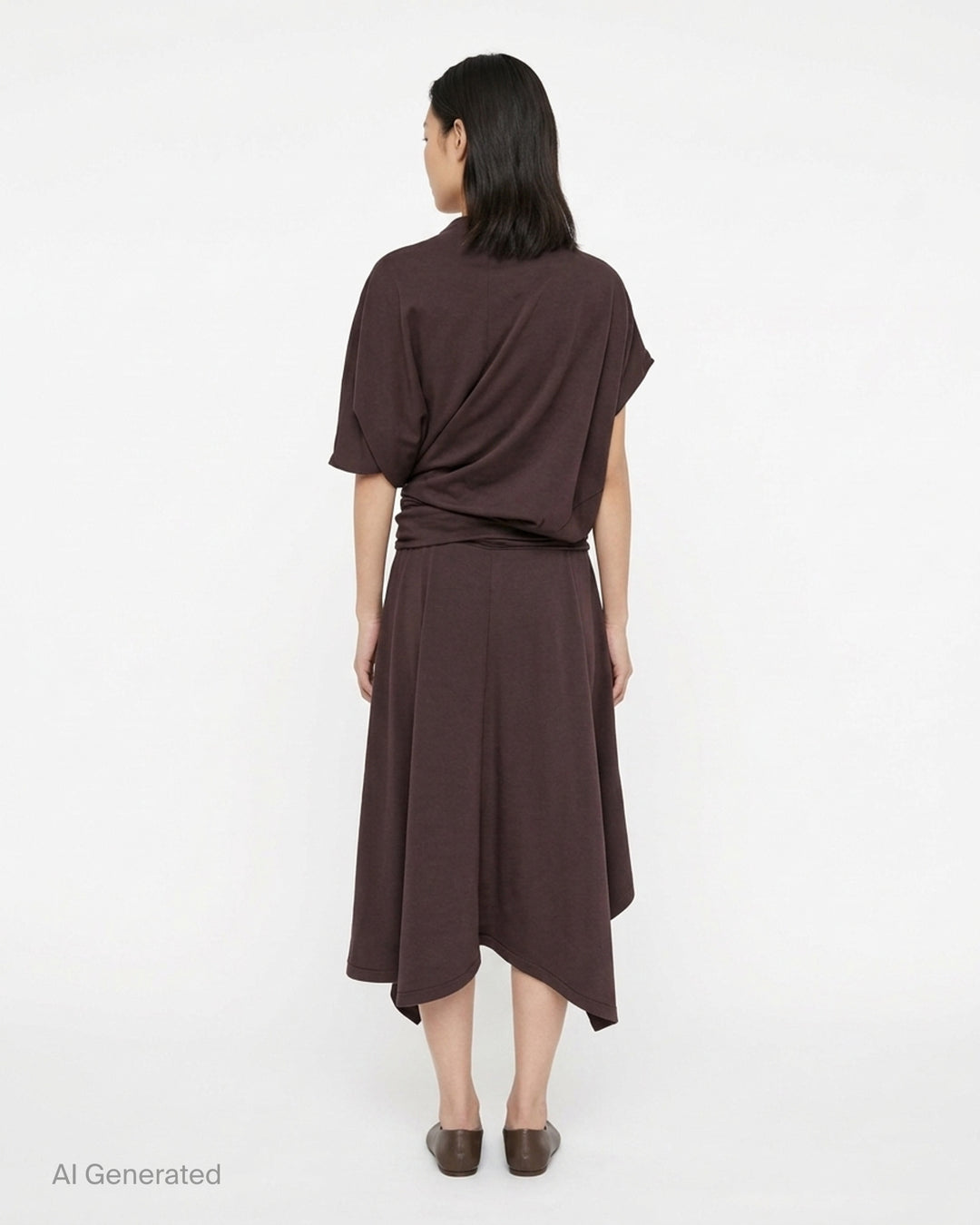 Lemaire twisted asymmetric draped dress in wool viscose jersey with gathered waist and handkerchief hem, shown from the front - back