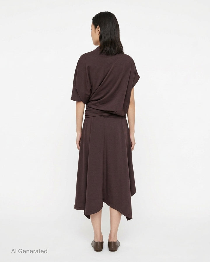 Lemaire twisted asymmetric draped dress in wool viscose jersey with gathered waist and handkerchief hem, shown from the front - back