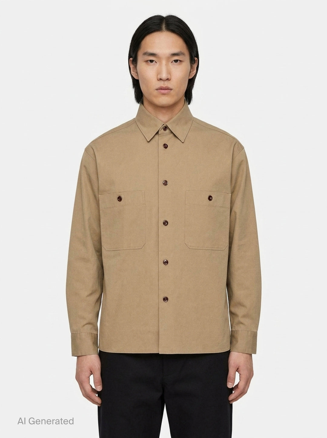 Lemaire Two Pockets Long Sleeve Shirt in tan cotton with dual patch chest pockets, dark tortoiseshell buttons, and a relaxed boxy silhouette, shown on a white background - front