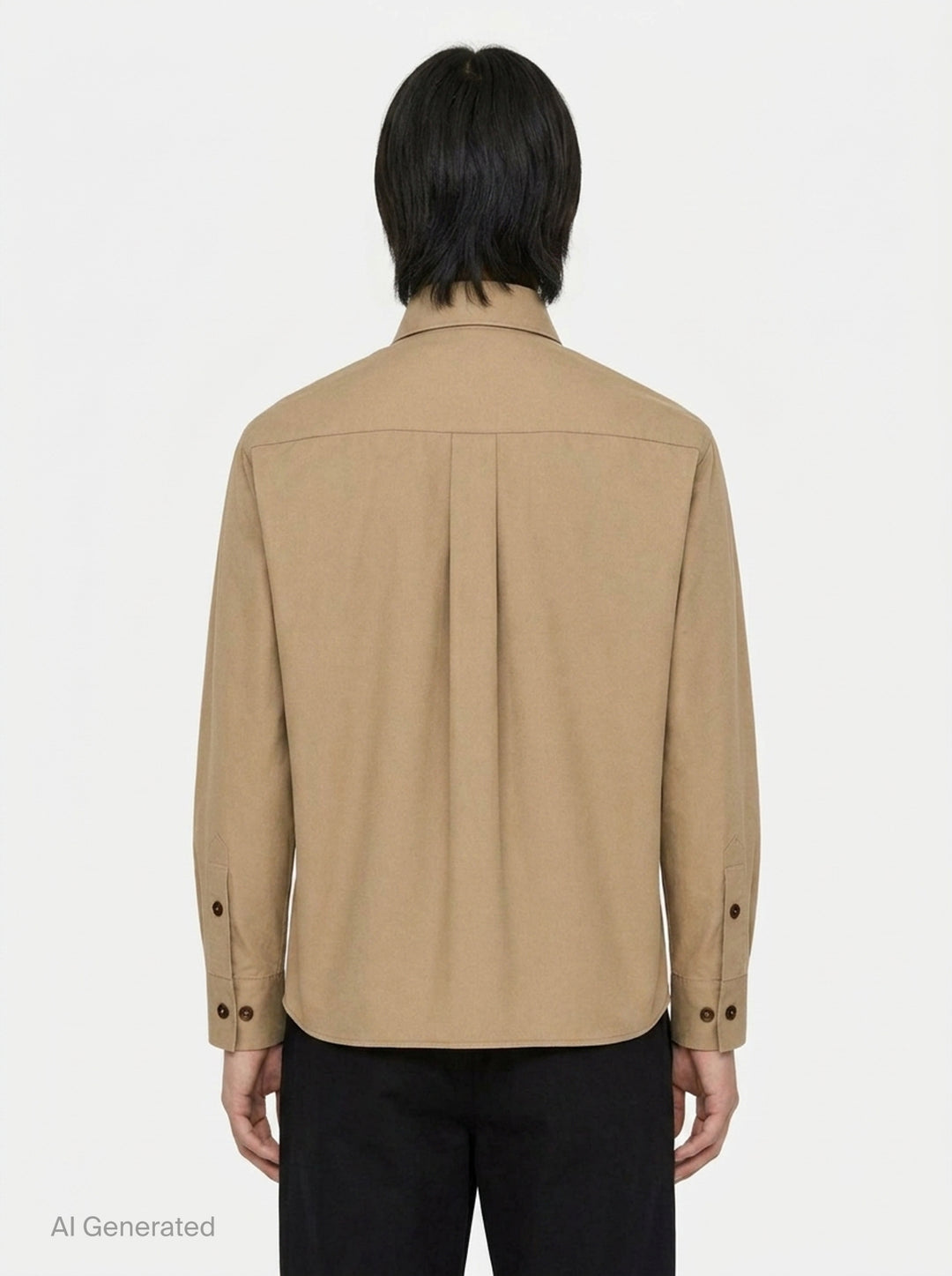 Lemaire Two Pockets Long Sleeve Shirt in tan cotton with dual patch chest pockets, dark tortoiseshell buttons, and a relaxed boxy silhouette, shown on a white background - back