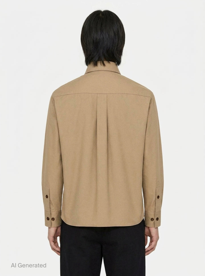 Lemaire Two Pockets Long Sleeve Shirt in tan cotton with dual patch chest pockets, dark tortoiseshell buttons, and a relaxed boxy silhouette, shown on a white background - back
