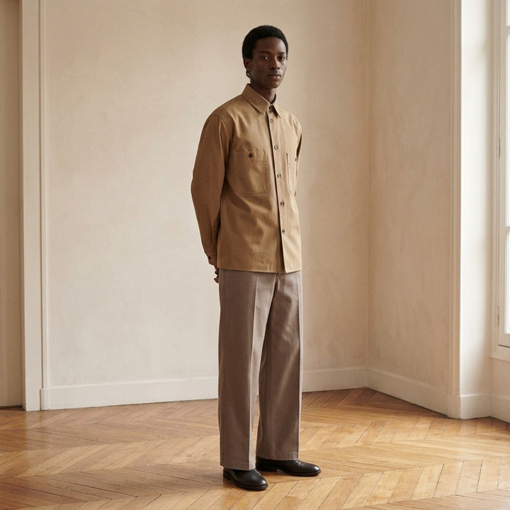 Lemaire Two Pockets Long Sleeve Shirt in tan cotton with dual patch chest pockets, dark tortoiseshell buttons, and a relaxed boxy silhouette, shown on a white background - lifestyle