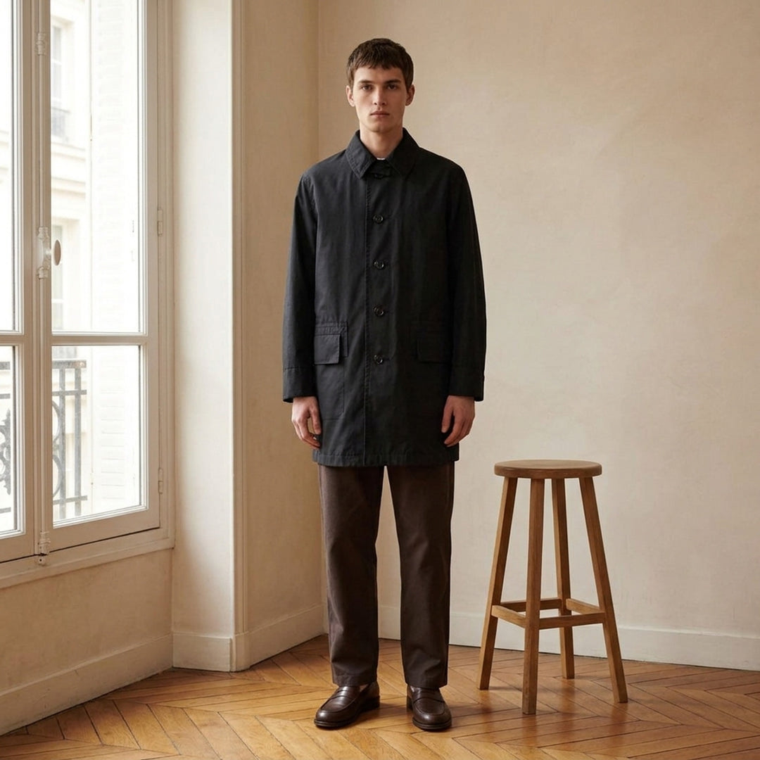 Lemaire black Ventile cotton rain jacket with double collar, concealed button front and flap pockets - lifestyle