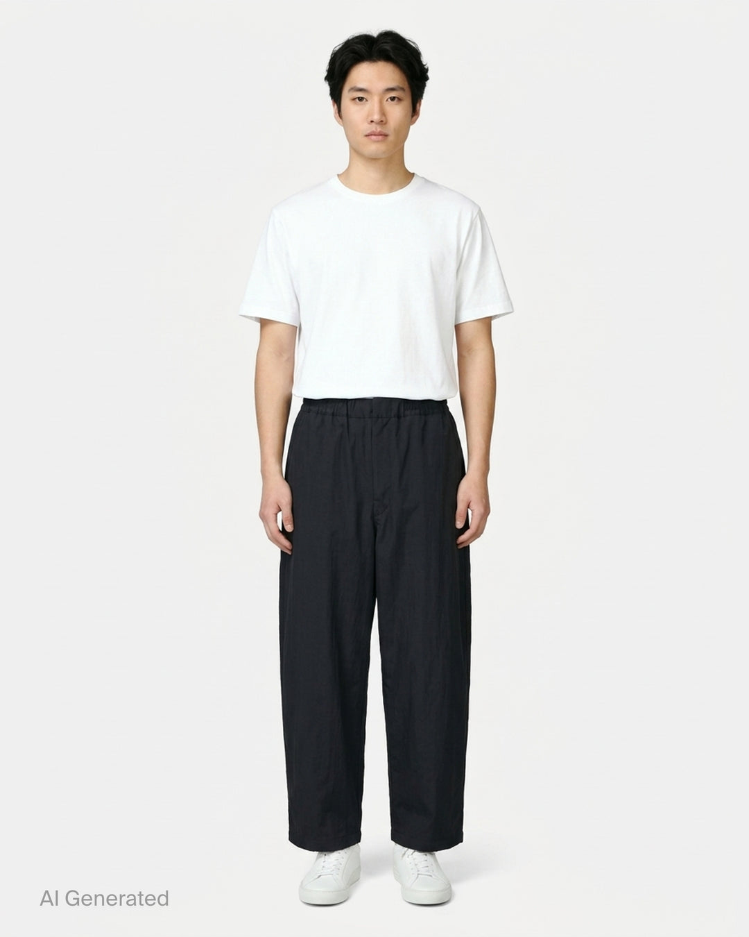 Lemaire black wool gabardine jogger pants with an elasticated waist and relaxed wide-leg silhouette, shown from the front - front