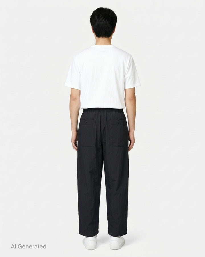 Lemaire black wool gabardine jogger pants with an elasticated waist and relaxed wide-leg silhouette, shown from the front - back