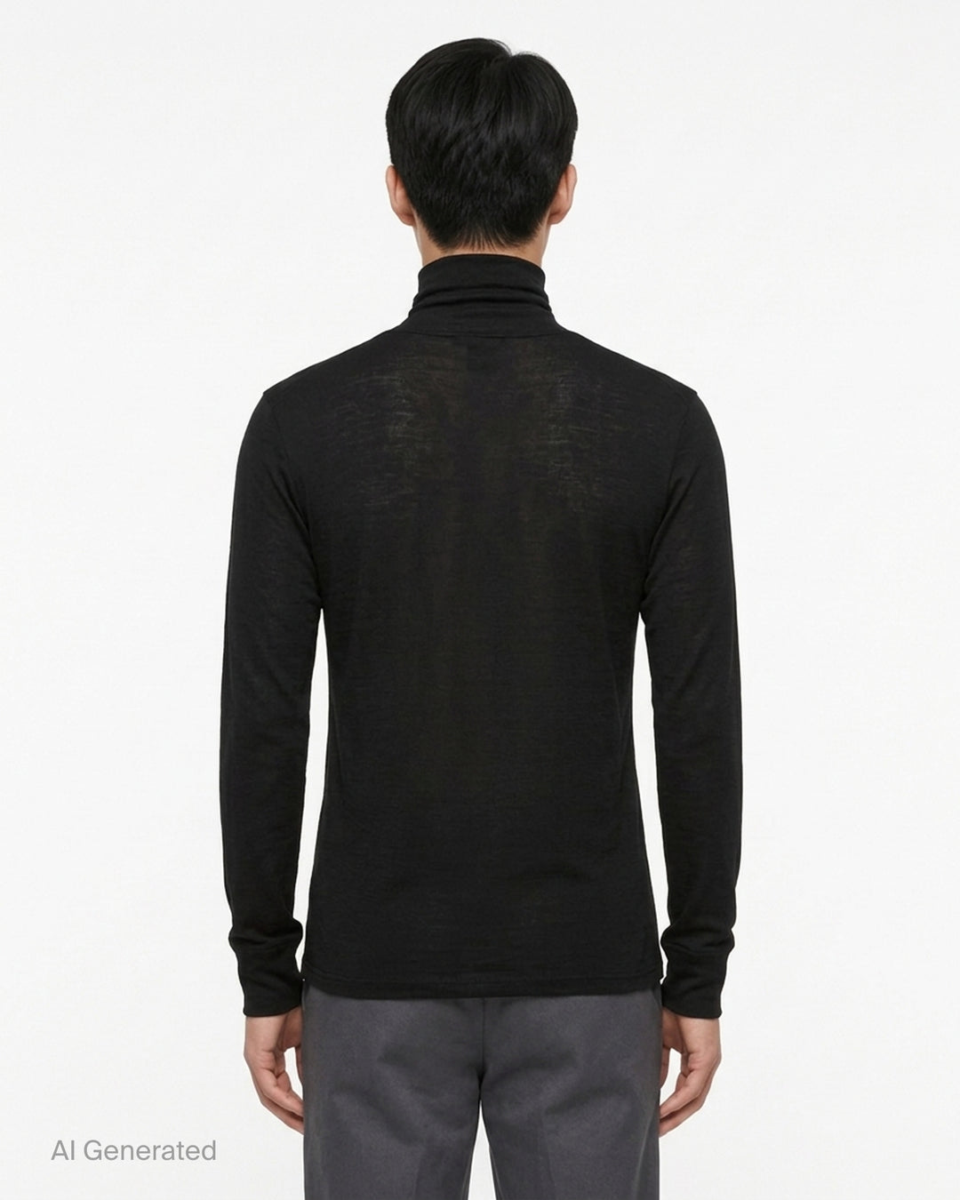 Lemaire black wool silk jersey turtleneck top with long sleeves and ribbed cuffs, shown front view - back
