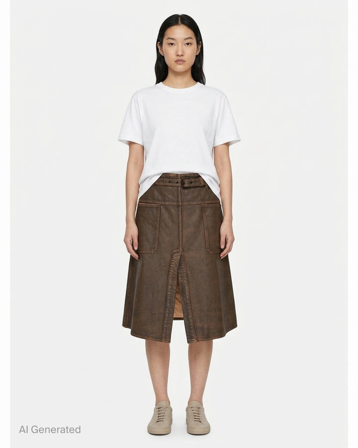 Lemaire brown coated denim workwear skirt with belted waist, patch pockets and centre front slit - front