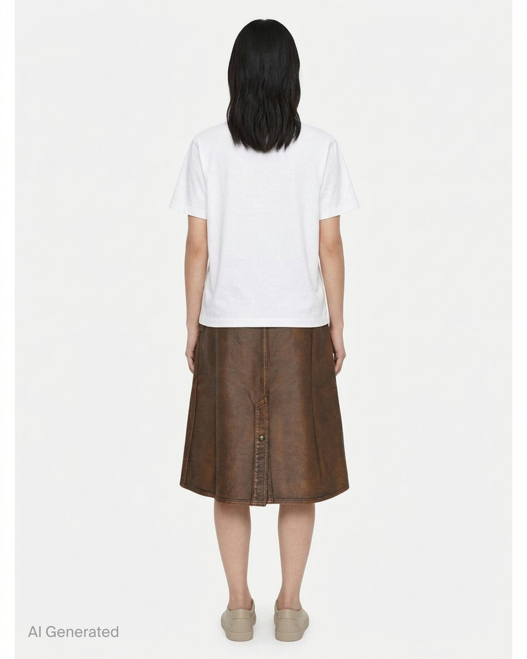 Lemaire brown coated denim workwear skirt with belted waist, patch pockets and centre front slit - back