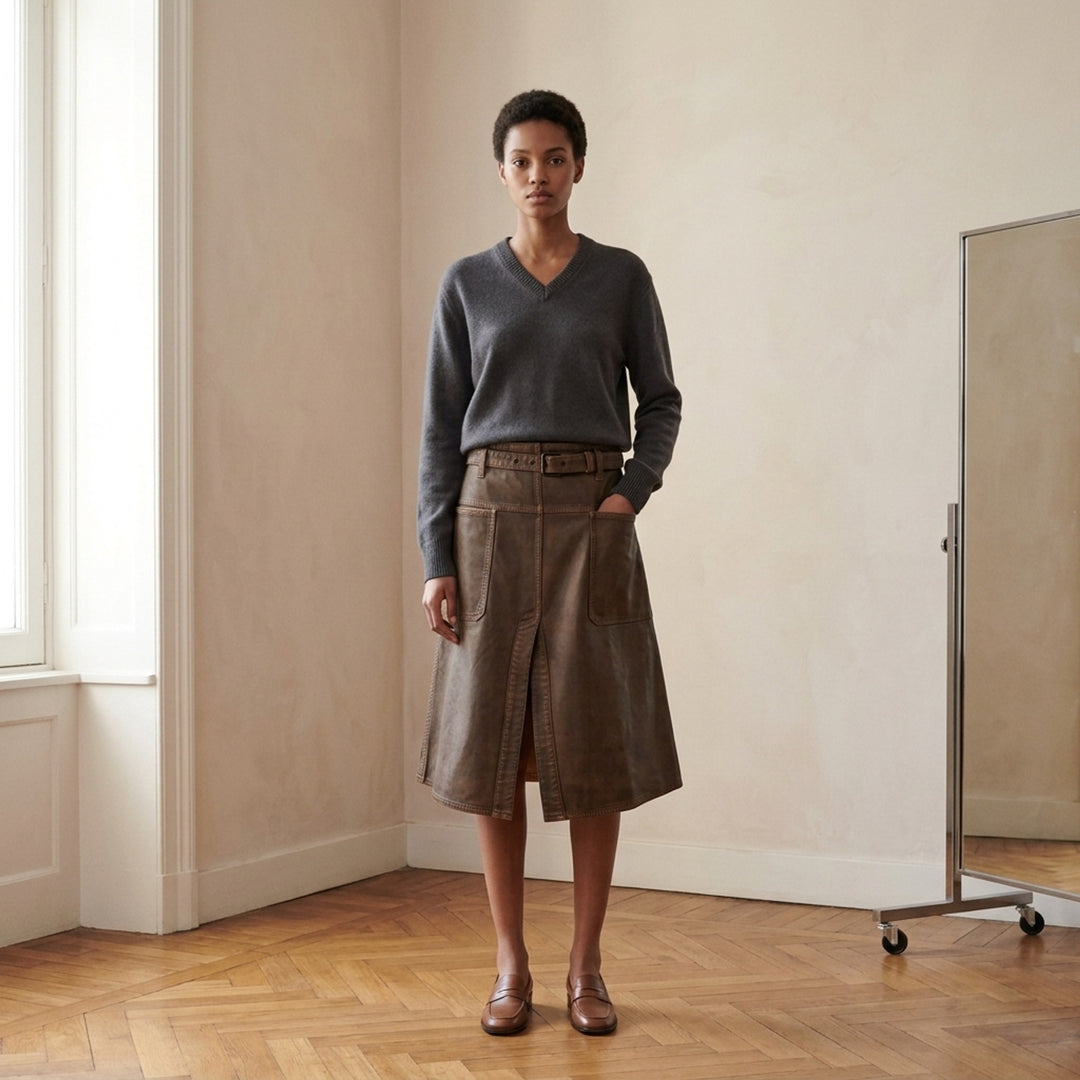Lemaire brown coated denim workwear skirt with belted waist, patch pockets and centre front slit - lifestyle