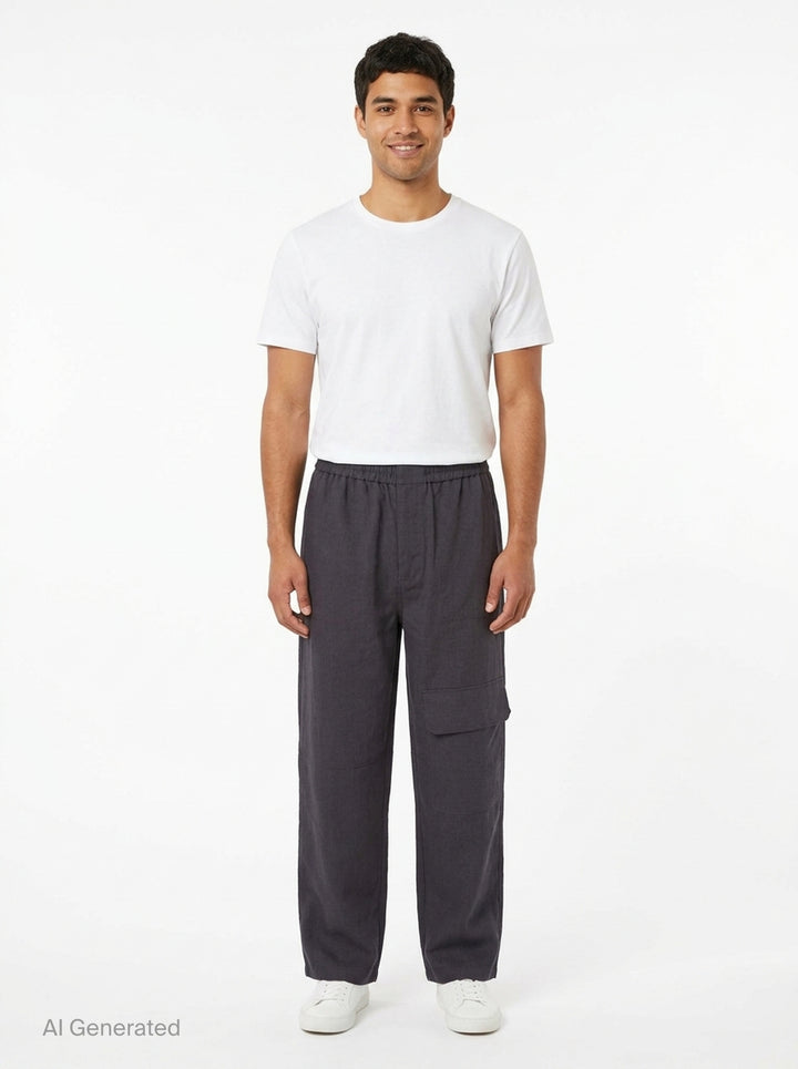 Maison Kitsuné Elasticated Cargo Pants in dark charcoal navy, featuring a wide-leg silhouette, elasticated waistband, articulated knee panelling, and a flap cargo pocket on the leg - front