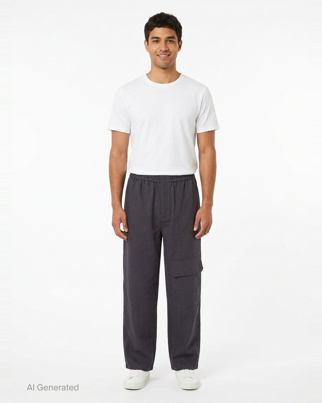 Maison Kitsuné Elasticated Cargo Pants in dark charcoal navy, featuring a wide-leg silhouette, elasticated waistband, articulated knee panelling, and a flap cargo pocket on the leg - front