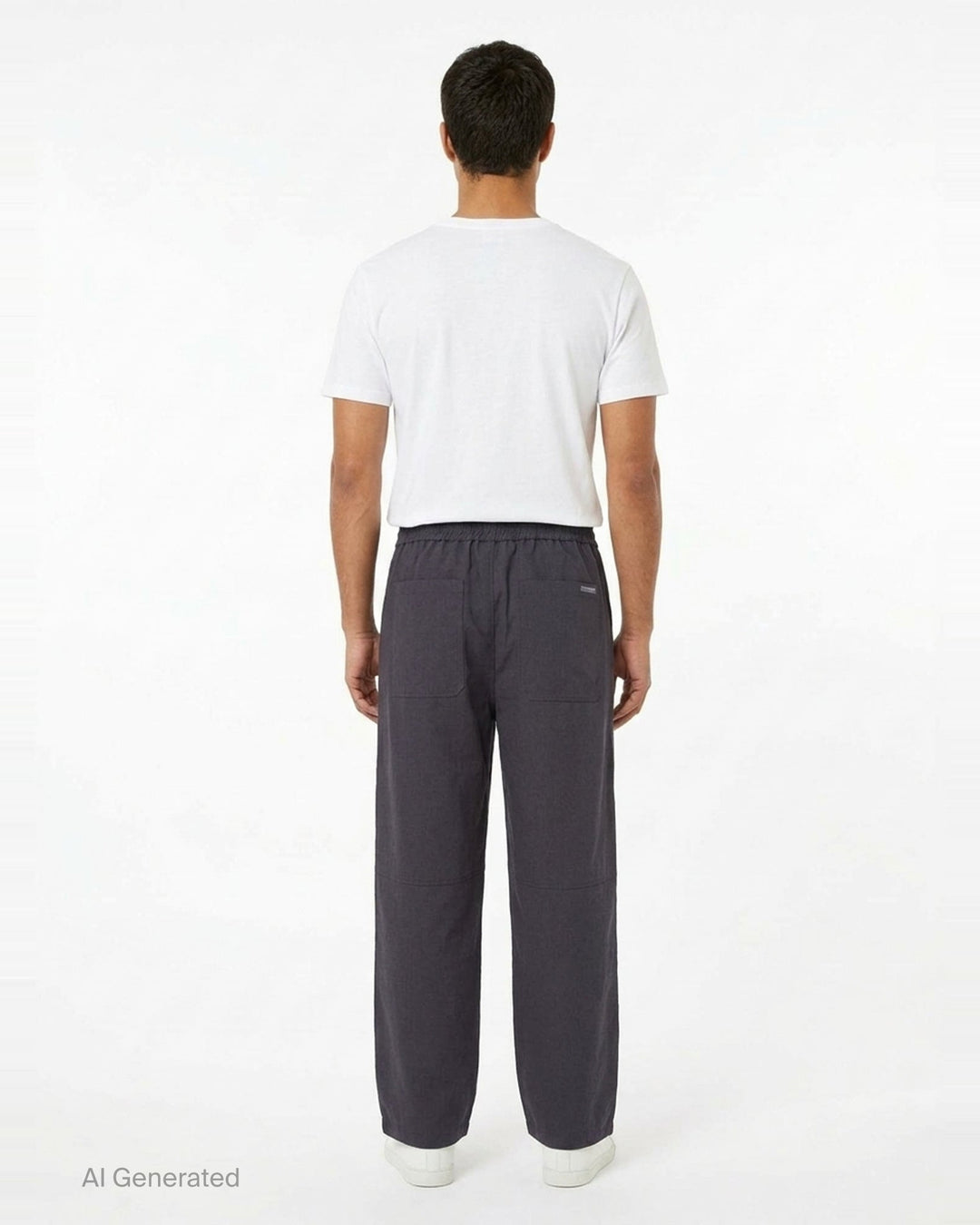 Maison Kitsuné Elasticated Cargo Pants in dark charcoal navy, featuring a wide-leg silhouette, elasticated waistband, articulated knee panelling, and a flap cargo pocket on the leg - back