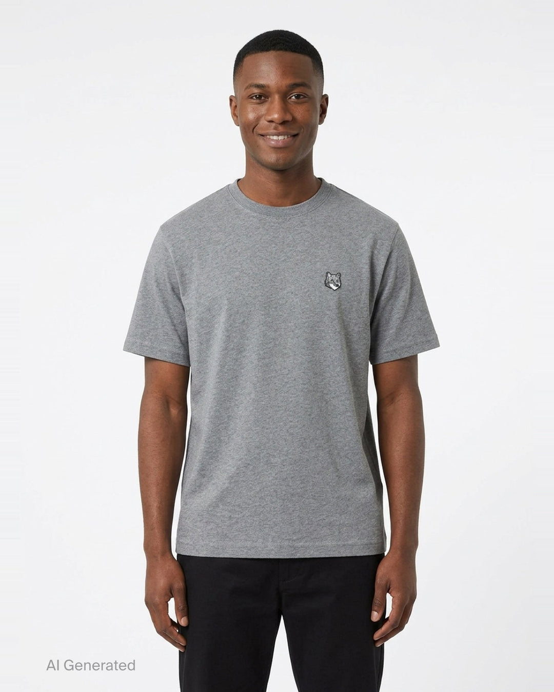 Maison Kitsuné Fox Head Comfort Tee in navy, featuring an embroidered grey fox head patch on the chest, crew neck, and relaxed short-sleeve silhouette - front