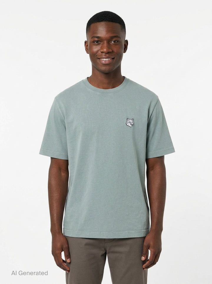 Maison Kitsuné Fox Head Faded Oversize Tee in washed sage green with embroidered fox head motif on the chest - front