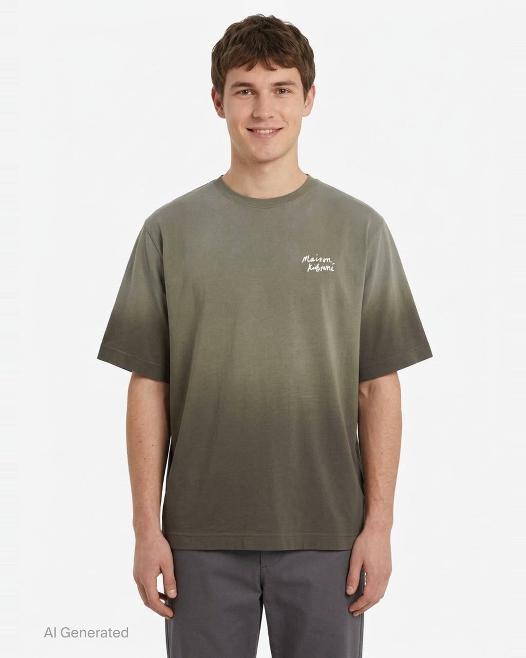 Maison Kitsuné Handwriting Short Sleeve Tee in washed slate blue with embroidered script logo at the chest, shown front-facing on a plain white background - front