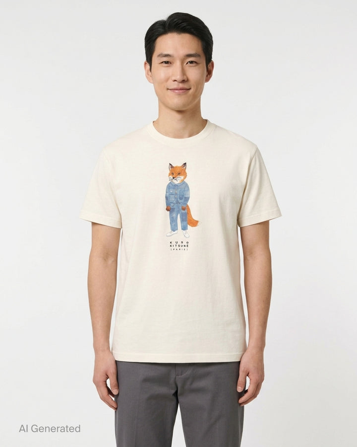Cream short sleeve Maison Kitsuné x Kuro t-shirt featuring an illustrated fox in blue patchwork denim workwear with Kuro Kitsuné (Paris) text - front