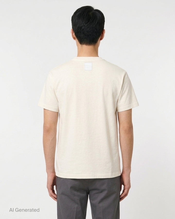 Cream short sleeve Maison Kitsuné x Kuro t-shirt featuring an illustrated fox in blue patchwork denim workwear with Kuro Kitsuné (Paris) text - back