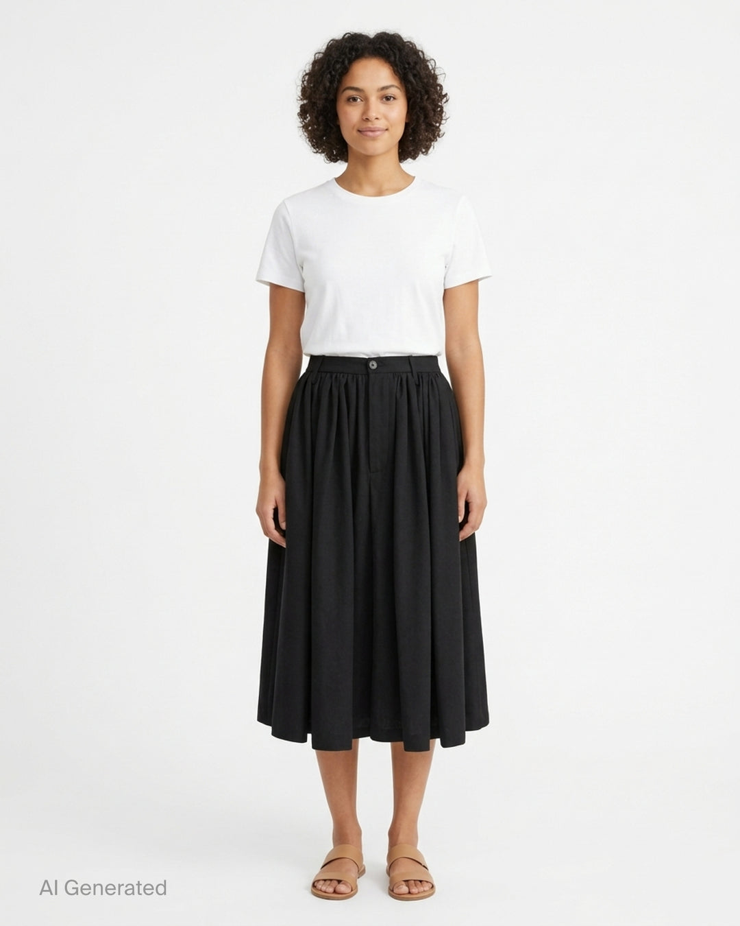 Maison Margiela black gathered midi skirt in light wool blend with button waistband, shown from the front - front