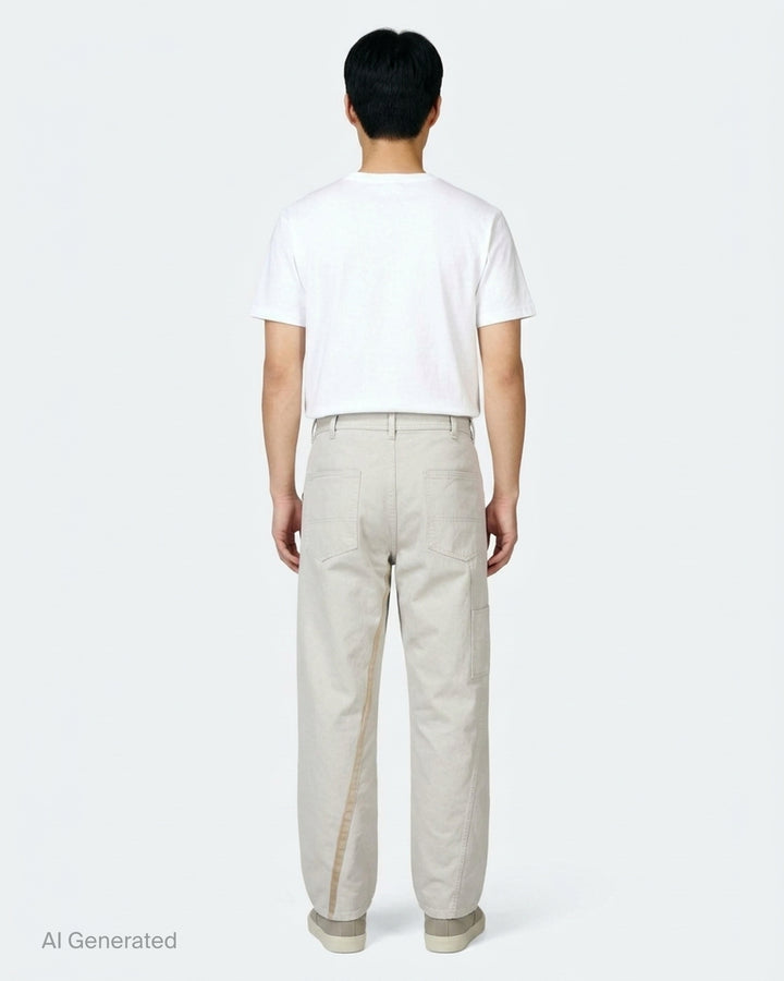 Maison Margiela stone cotton pants with a twisted seam and contrast tan tape trim, shown from the front - back