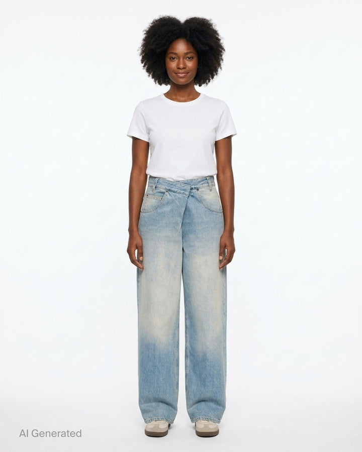 Maison Margiela wrap denim trousers in faded light-blue wash with asymmetric crossover waistband and wide straight leg - front