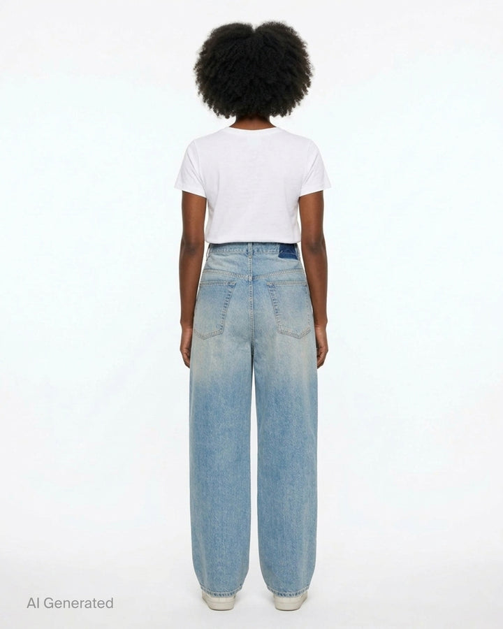 Maison Margiela wrap denim trousers in faded light-blue wash with asymmetric crossover waistband and wide straight leg - back