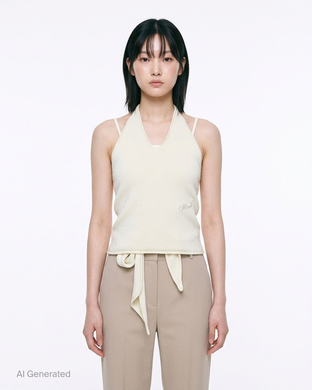 Mardi Mercredi cream cashmere wool blend halter neck top with V-neckline, tie-back closure and embroidered logo at the waist - front
