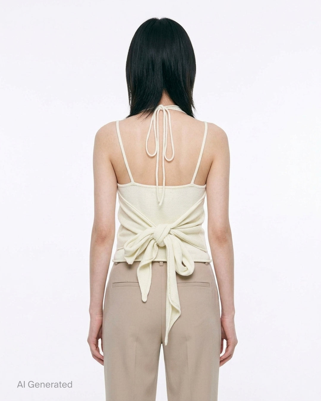 Mardi Mercredi cream cashmere wool blend halter neck top with V-neckline, tie-back closure and embroidered logo at the waist - back