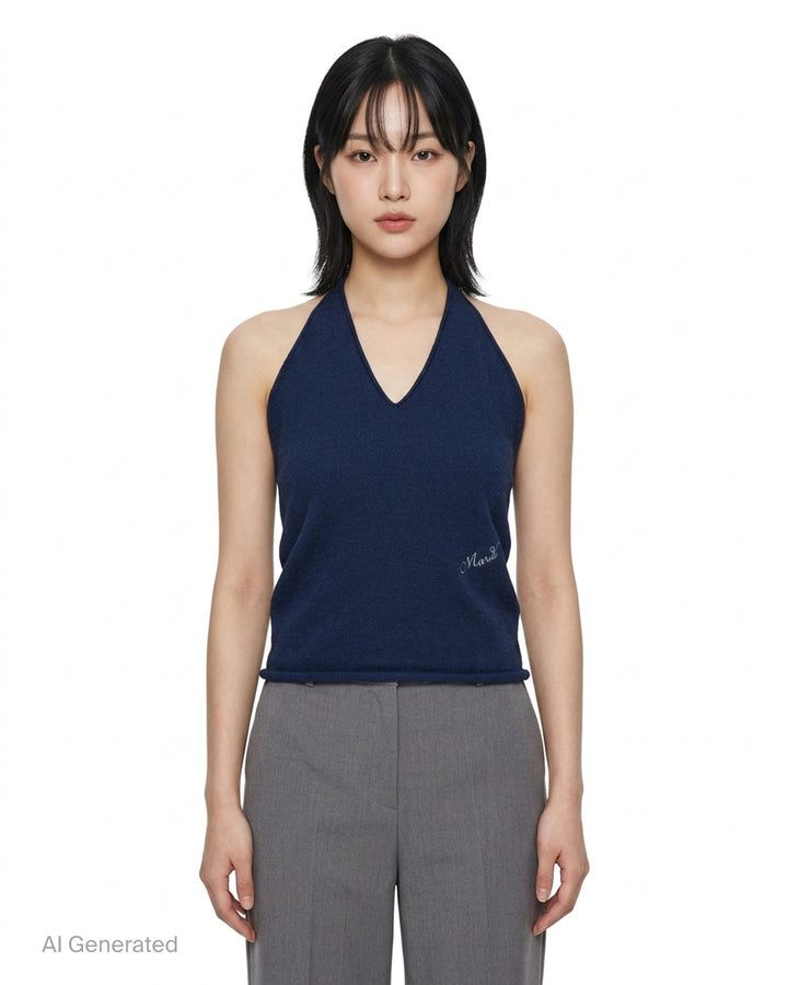 Mardi Mercredi navy cashmere wool blend halter top with V-neckline, tie-back fastening and white script logo embroidery - front
